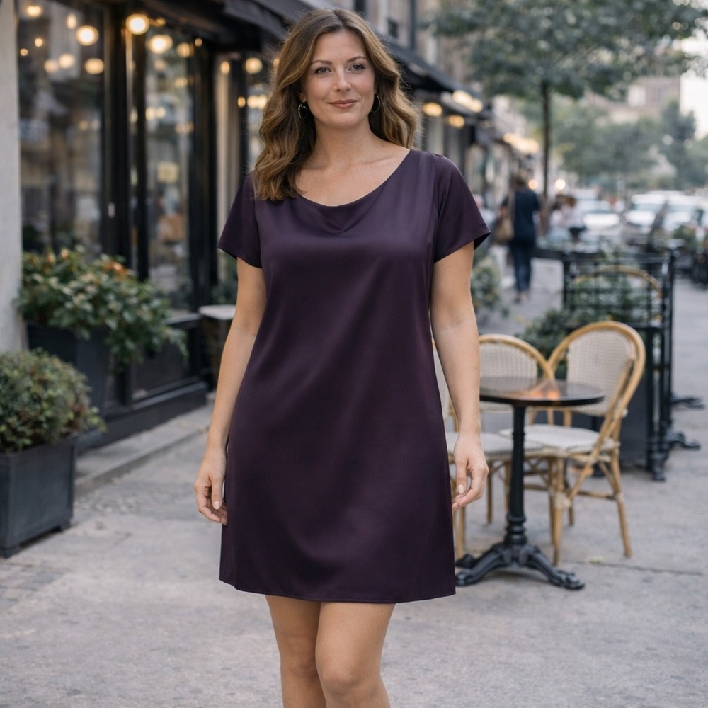 Marina Size 12 Shift Mini Dress Eggplant‎ Purple Cowl Back Short Sleeve Satin